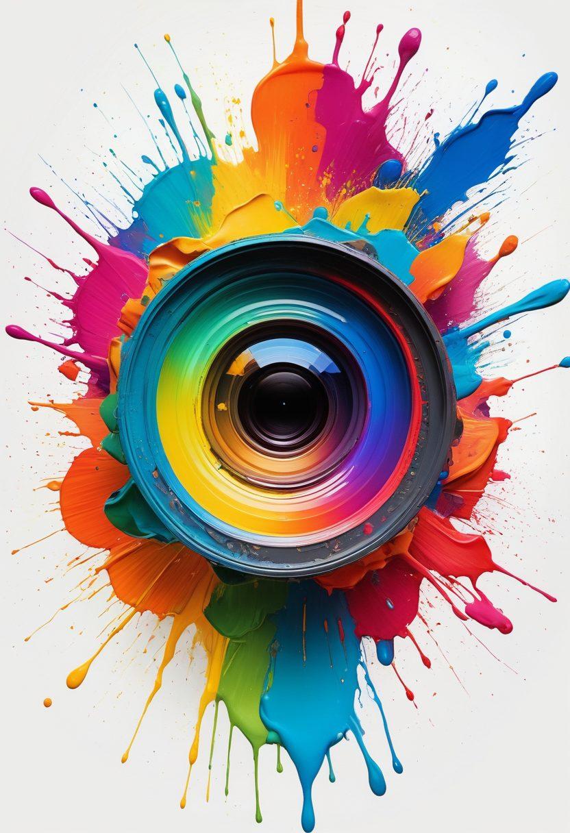 A mesmerizing collage of a colorful camera lens transforming into a vibrant paint palette, with splashes of paint bursting into artistic shapes and designs. Surround the scene with brushes and editing tools floating in a dreamy atmosphere, symbolizing the journey from a simple snapshot to a masterpiece. Capture the essence of creativity with a whimsical touch. digital art. vibrant colors. white background.