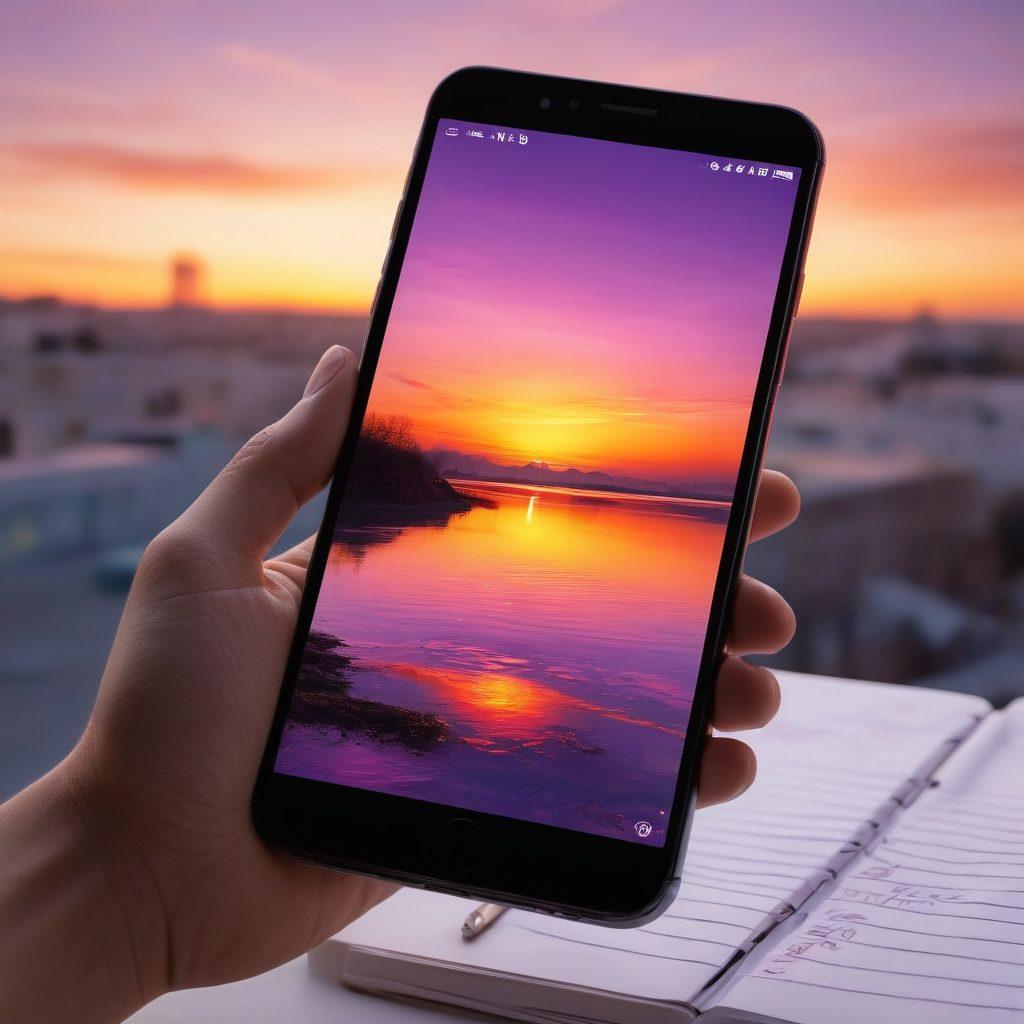 A vibrant mobile phone capturing a breathtaking sunset, surrounded by a collage of stunning images created through photography, showcasing vivid colors and dramatic compositions. Include elements like a creative artist sketching by the phone, and subtle overlays of text conveying imagination and storytelling. Highlight the contrast between the digital and natural world. super-realistic. vibrant colors. white background.
