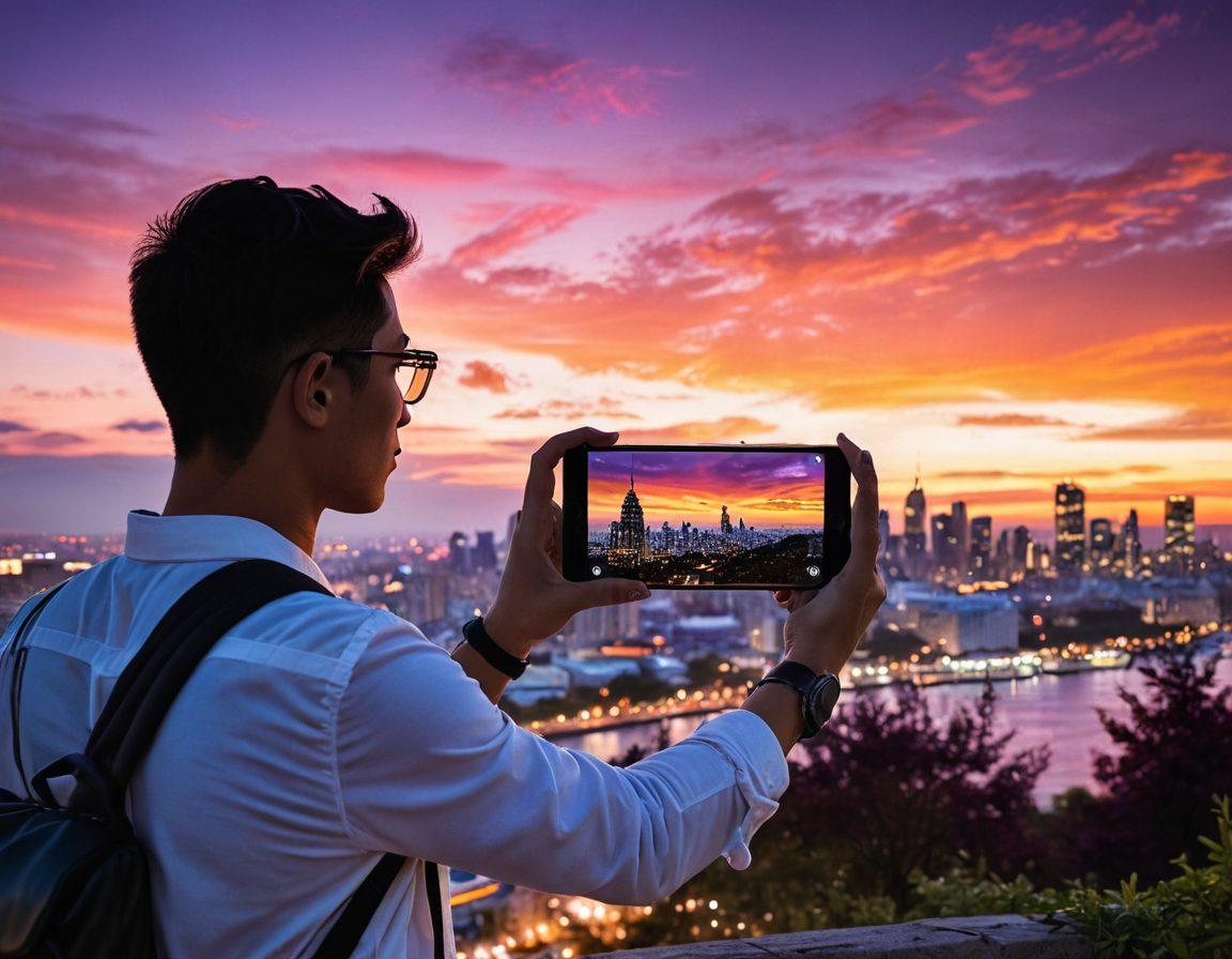 A person holding a smartphone, capturing a stunning sunset with mobile photography gear around them, including lenses and stabilizers. The background features vibrant, blurred city lights and nature elements, symbolizing the blend of urban and natural photography. The scene should evoke a sense of creativity and passion for capturing life's moments. super-realistic. vibrant colors. 3D.